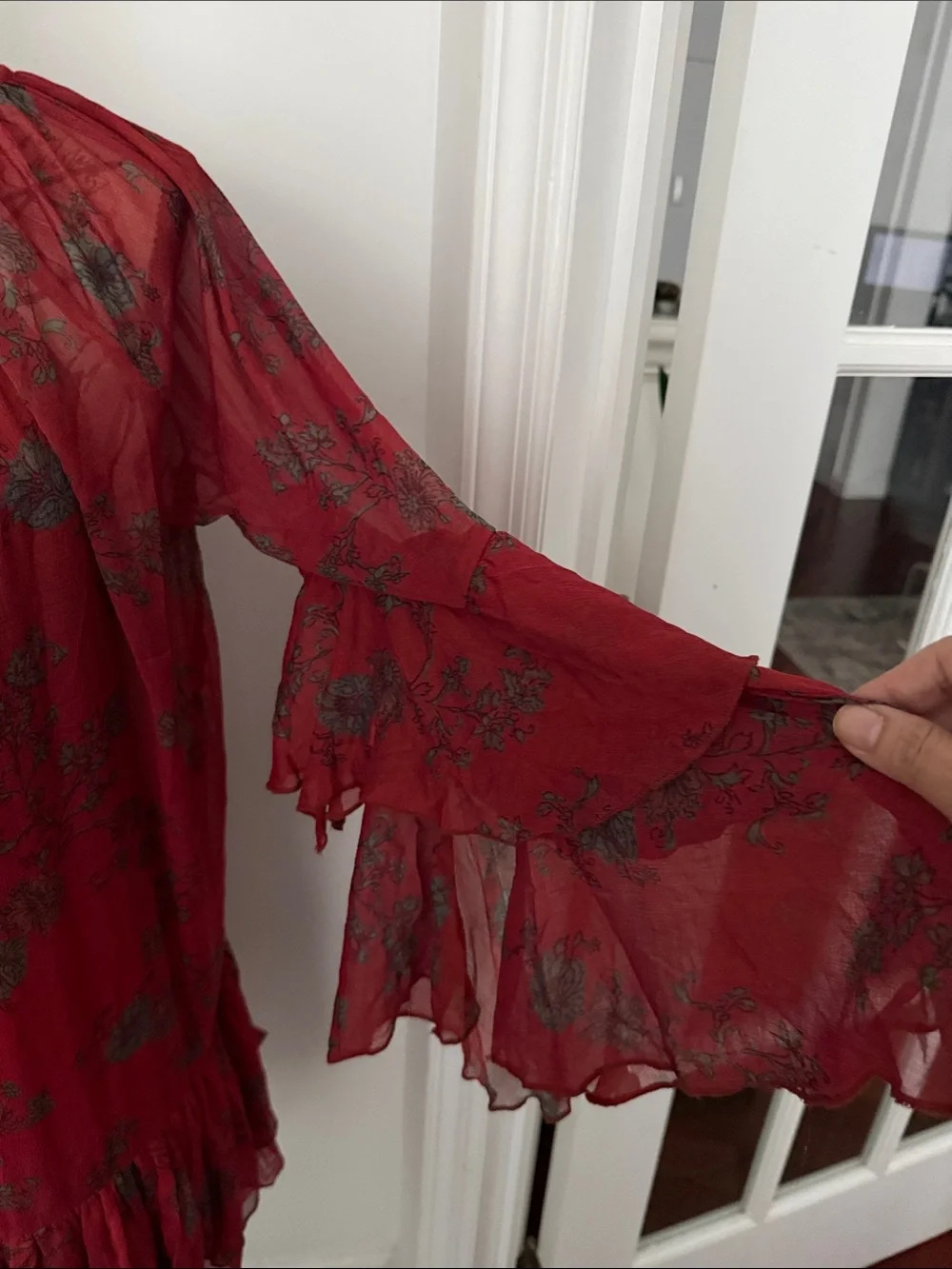 Free People Red Floral Tie-Neck Ruffle Tunic